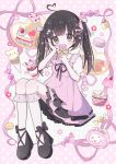  1girl absurdres ahoge aobahosino black_eyes black_hair black_shoes blunt_bangs blush border bow cake cake_slice candy commentary_request cup cupcake donut dot_nose dress drinking_glass food frilled_dress frills full_body grid_background hair_bow hair_ornament hand_on_own_cheek hand_on_own_face heart heart-shaped_food heart-shaped_lollipop heart_ahoge heart_hair_ornament highres holding holding_candy holding_food holding_lollipop ice_cream kneehighs lollipop long_hair looking_at_viewer macaron original outside_border parfait parfait_glass pink_border pink_bow pink_dress polka_dot_border pudding shaped_lollipop shoes short_sleeves sidelocks socks solo sparkle twintails white_background white_socks wrapped_candy x_hair_ornament yellow_bow 