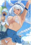  1girl :d ;d animal_ears arm_strap arm_up armband armpits bikini blue_eyes blue_hairband blue_skirt blue_sky blurry blush body_markings border bracelet braid breasts cheerleader cleavage commentary covered_nipples cowboy_shot dark-skinned_female dark_skin day english_commentary fake_animal_ears genshin_impact hairband highres holding instrument jewelry large_breasts long_hair looking_at_viewer maracas micro_bikini miniskirt mualani_(genshin_impact) multicolored_eyes navel one_eye_closed open_mouth outdoors ozzyart_0221 paid_reward_available pleated_skirt pubic_hair red_eyes see-through_bikini see-through_clothes signature skirt sky smile solo stomach sweat swimsuit tan thighs twitter_username underboob variant_set wet wet_clothes wet_swimsuit white_bikini white_hair 