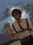  1boy absurdres belt black_belt black_pants brown_hair chest_harness cloud cloudy_sky collared_shirt commentary cowboy_shot curtained_hair dark-skinned_male dark_skin dutch_angle english_text hand_up harness heathcliff_(project_moon) highres jewelry lattescribbles limbus_company long_sleeves looking_at_viewer male_focus necktie overcast pants parted_lips project_moon purple_eyes red_necktie ring scar scar_on_face shirt shirt_tucked_in short_hair sky solo v white_shirt 