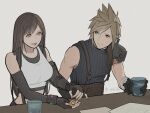  1boy 1girl armor bare_shoulders black_gloves black_hair black_sports_bra blonde_hair blue_eyes blue_sweater bracelet breasts closed_mouth cloud_strife commentary_request crescent crescent_earrings crop_top cup earrings elbow_gloves final_fantasy final_fantasy_vii final_fantasy_vii_remake fingerless_gloves gloves gold_earrings grey_background holding holding_cup holding_earrings holding_jewelry jewelry large_breasts long_hair looking_at_another materia open_mouth paper red_eyes ribbed_sweater shillo short_hair shoulder_armor single_bare_shoulder sleeveless sleeveless_turtleneck smile spiked_hair sports_bra suspenders sweater table tank_top tifa_lockhart turtleneck turtleneck_sweater twitter_username upper_body white_tank_top 