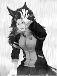  1girl alkali_umapyoi animal_ears commentary_request corrupted_twitter_file curtained_hair dot_nose fangs fenomeno_(umamusume) glaring half-closed_eye hand_in_own_hair hand_on_own_leg high_collar highres horse_ears horse_girl horse_tail jacket leaning_forward long_hair looking_at_viewer open_mouth pants purple_eyes rain shirt signature simple_background sleeves_rolled_up spot_color tail teeth tongue tracen_training_uniform track_suit umamusume v-shaped_eyebrows veins wet white_background 