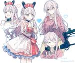  1girl :3 ^_^ animal_ears apron asymmetrical_gloves bag bandaid bandaid_on_arm bang_dream! bang_dream!_yumemita blue_outline bracelet braid breasts brown_eyes buttons cardigan cleavage clenched_hands closed_eyes closed_mouth commentary crossed_bandaids detached_collar earrings fake_animal_ears finger_to_own_chin fingerless_gloves frilled_apron frills gloves hair_between_eyes hat headphones headphones_around_neck highres index_finger_raised jewelry long_hair long_sleeves migolu mismatched_gloves miyanaga_nonoka multiple_views nurse_cap open_mouth outline own_hands_together petticoat pink_cardigan pink_gloves pink_hair pleated_skirt rabbit_ears red_bag red_hat red_skirt shirt single_sidelock skirt smile sparkle white_apron white_background white_gloves white_shirt yellow_skirt 
