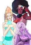  3girls absurdres afro amethyst_(steven_universe) animification blue_blush blue_eyes breasts cleavage colored_blush colored_skin forehead_jewel garnet_(steven_universe) gem gem_(steven_universe) highres monashkaaa multiple_girls pale_skin pearl pearl_(steven_universe) plump short_hair smile star_(symbol) steven_universe third_eye upper_body 