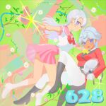  2girls absurdres ascot black_boots boots card coattails commentary_request grey_hair highres long_hair multiple_girls mutsuba_asaka mutsuba_asana open_mouth pants pleated_skirt purple_eyes school_uniform serafuku shoes skirt smile socks tailcoat tan white_pants white_shoes white_socks yellow_ascot yu-gi-oh! yu-gi-oh!_go_rush!! yu-gi-oh!_sevens yuzutaroman 