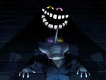  1boy black_hair black_suit brick_wall business_suit clenched_teeth colored_sclera colored_skin commentary dark_background deltarune doll_joints english_commentary friend_(deltarune) glasses heterochromatic_eyewear highres horror_(theme) joints living_shadow long_nose looking_ahead looking_at_another male_focus mismatched_sclera nervous_sweating open_mouth pink_sclera pointy_nose rassicas scared short_hair signature silhouette spamton_g._spamton suit sweat teeth tinted_eyewear underlighting utdr_(toby_fox) white_skin yellow_sclera 