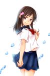 1girl aglio arm_at_side black_hair blue_sailor_collar blue_skirt bow bowtie closed_mouth commentary_request cowboy_shot fatal_frame fatal_frame:_maiden_of_black_water flower from_side hair_flower hair_ornament hand_up hinasaki_miu holding_own_hair light_particles long_hair looking_at_viewer looking_to_the_side midriff_peek miniskirt multicolored_eyes pink_flower purple_eyes red_bow red_bowtie sailor_collar school_uniform serafuku shirt simple_background skirt smile solo standing two-tone_eyes water_drop white_background white_shirt yellow_eyes 