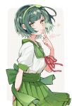  1girl blunt_bangs blush border closed_mouth commentary_request cowboy_shot green_hair green_hairband green_sailor_collar green_skirt grey_background grid_background hairband hand_up heart highres index_finger_raised koniko_(ko25n) looking_at_viewer neck_ribbon outside_border pleated_skirt red_ribbon ribbon sailor_collar school_uniform serafuku shirt short_hair short_sleeves skirt smile solo touhoku_zunko voiceroid white_border white_shirt yellow_eyes 