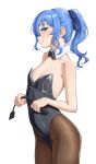  1girl absurdres bare_arms bare_shoulders black_bow black_bowtie black_leotard black_pantyhose blue_eyes blue_hair bow bowtie breasts closed_mouth commentary covered_navel detached_collar double-parted_bangs english_commentary hair_between_eyes highres holding holding_riding_crop hololive hoshimachi_suisei leotard looking_at_viewer medium_hair pantyhose playboy_bunny ponytail riding_crop samukzz simple_background small_breasts smile solo star_(symbol) star_in_eye strapless strapless_leotard symbol_in_eye virtual_youtuber 