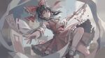  1girl ai-generated ascot bare_shoulders black_hair black_shoes blue_sky bow breasts brown_eyes closed_mouth collared_shirt commentary_request day detached_sleeves fingernails floating_clothes floating_hair flying frills gohei hair_between_eyes hair_bow hair_ornament hair_tubes hakurei_reimu hands_up highres holding holding_gohei large_bow long_skirt long_sleeves looking_at_viewer medium_breasts nail_polish nontraditional_miko ofuda outdoors pink_nails red_bow red_shirt red_skirt ribbon-trimmed_skirt ribbon-trimmed_sleeves ribbon_trim shirt shoes short_hair sidelocks skirt skirt_set sky sleeveless sleeveless_shirt smile socks solo touhou wei_(momoko07dayand1) white_sleeves white_socks wide_sleeves yellow_ascot 