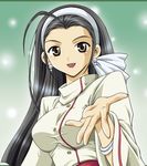  ahoge black_hair bow bracelet breasts brown_eyes earrings hair_bow hair_pulled_back hairband huge_ahoge jacket jewelry kagura_chizuru kouno_yuki_(kip) large_breasts long_hair outstretched_hand sash smile solo taut_clothes the_king_of_fighters 