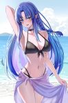  1girl bare_shoulders beach bikini black_bikini blue_eyes blue_hair blue_sky blush braid breasts cleavage commentary fate/stay_night fate_(series) highres large_breasts long_hair looking_at_viewer medea_(caster)_(fate) medea_(fate) navel ocean open_mouth pointy_ears sarong side_braid sky smile solo swimsuit weilaizuigao703 