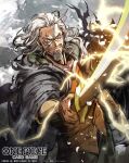  1boy beard cape closed_mouth commentary_request copyright_logo copyright_name copyright_notice cowboy_shot facial_hair green_pants grey_cape holding holding_sword holding_weapon logo long_hair looking_at_viewer male_focus nijihayashi official_art old old_man one_piece one_piece_card_game orange_shirt outdoors pants round_eyewear scar scar_across_eye scar_on_face shirt silvers_rayleigh solo sword weapon white_hair wrinkled_skin 