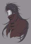  1boy belt_buckle black_hair buckle cloak commentary_request cropped_torso final_fantasy final_fantasy_vii from_side grey_background hair_between_eyes headband long_hair male_focus parted_lips red_cloak red_eyes red_headband roco_pic solo spiked_hair twitter_username upper_body vincent_valentine 