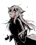  1girl absurdres animal_ears arknights blood blood_on_clothes blood_on_face blood_on_gloves buttons coat commentary evil_smile greyscale hair_ornament hairclip highres lappland_(arknights) lappland_(refined_horrormare)_(arknights) long_hair long_sleeves looking_at_viewer monochrome new3kin_333 official_alternate_costume red_eyes scar scar_on_face simple_background sketch smile solo spot_color tail white_background wolf_ears wolf_girl 