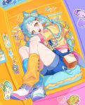  1girl absurdres aikatsu!_(series) aikatsu_academy! arm_warmers asymmetrical_footwear bead_necklace beads blue_bow blue_hair blue_leg_warmers blue_shorts bow bow-shaped_hair buttons commentary_request fangs full_body green_shoes hadeko hair_bow hair_ornament highres jacket jewelry jiu_(jiwoo_owo9) leg_warmers looking_at_viewer mismatched_footwear multi-tied_hair multicolored_hair necklace open_mouth orange_arm_warmers orange_bow orange_eyes orange_hair orange_leg_warmers overall_shorts overalls pillow pink_shoes pink_trim roller_skates shirt shoes short_bangs short_sleeves shorts sitting sitting_on_pillow skates smile solo star_(symbol) sticker tail tareme two-tone_hair v virtual_youtuber wao_parin white_shirt white_shoes x_hair_ornament yellow_jacket zipper_pull_tab 