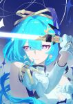  1girl bare_shoulders blue_hair blue_lightsaber closed_mouth commentary_request crescent crescent_earrings earrings energy_sword gloves griseo griseo_(cosmic_expression) highres holding holding_sword holding_weapon honkai_(series) honkai_impact_3rd jewelry kujisho0312 lightsaber long_hair purple_eyes sword upper_body weapon white_gloves 