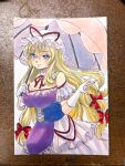  1girl absurdres alternate_costume blonde_hair blue_corset blush bow breasts choker cleavage closed_mouth commentary_request corset gloves hair_bow hat hat_ribbon highres holding holding_umbrella large_breasts long_hair looking_at_viewer mitsu~ mob_cap multiple_hair_bows off-shoulder_shirt off_shoulder photo_(medium) pink_umbrella purple_eyes purple_shirt red_bow red_ribbon ribbon shirt skirt smile solo touhou traditional_media umbrella very_long_hair white_choker white_gloves white_hat white_skirt yakumo_yukari 