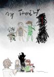  2boys 2girls aegiomon black_gloves bow brown_hair child's_drawing closed_eyes commentary_request crayon_drawing darkness dated digimon digimon_(creature) digimon_story:_time_stranger english_text everyone eye_trail facing_away from_behind gloves glowing glowing_eyes goat_boy goat_horns goggles goggles_on_head green_jacket grey_hair highres holding holding_paper horns jacket light_trail long_hair long_sleeves misono_inori mrgniteanemone multiple_boys multiple_girls open_mouth paper pointy_ears red_hair red_scarf sagisaka_hiroko satyr scarf shadow shirt short_hair signature smile striped_clothes striped_shirt sweat white_hair yellow_bow yuuki_dan 
