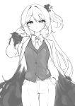  1girl alternate_costume ardor_blossom_star_(e.g.o) belt blue_archive coat collared_shirt commentary cowboy_shot e.g.o_(project_moon) english_commentary greyscale hand_in_pocket hand_up highres jacket limbus_company long_hair looking_at_viewer meliach miyako_(blue_archive) monochrome necktie one_side_up open_clothes open_coat pants project_moon shirt sidelocks solo suit unfinished white_background 
