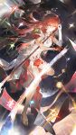  1girl absurdres astral_express_(honkai:_star_rail) asymmetrical_gloves bracelet cape chiaspicy chinese_commentary commentary_request dress earrings elbow_gloves flag floating_hair gloves gold_shoes hair_between_eyes half_gloves highres himeko_(honkai:_star_rail) himeko_(nova)_(honkai:_star_rail) holding holding_flag honkai:_star_rail honkai_(series) jewelry long_hair looking_down mismatched_gloves official_alternate_costume parted_lips red_cape red_gloves red_hair shoes single_elbow_glove solo uneven_gloves very_long_hair white_dress white_gloves yellow_eyes 