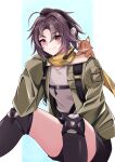  1girl absurdres black_shorts black_thighhighs brown_hair commentary_request commission earhart_(neural_cloud) feet_out_of_frame girls'_frontline girls'_frontline_neural_cloud green_jacket headset highres jacket kamiya_(kamiya19930330) knee_pads looking_ahead open_clothes open_jacket pixiv_commission red_eyes scarf shirt short_hair shorts sitting smile solo thighhighs white_shirt yellow_scarf 