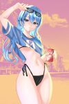  1girl absurdres alternate_costume bikini bikini_top_peek bikini_top_under_shirt bikini_under_clothes blue_eyes blue_hair commentary cosplay cover_bikini_girl_(gta_vi) cover_bikini_girl_(gta_vi)_(cosplay) crop_top crop_top_overhang cropped_shirt drink_carton english_commentary eyewear_lift eyewear_on_head highleg highleg_bikini highres holding holding_drink_carton hololive hoshimachi_suisei juice_box long_hair looking_at_viewer navel pose_imitation rain_lambda side-tie_bikini_bottom solo star_(symbol) star_in_eye sunglasses swimsuit symbol_in_eye virtual_youtuber 