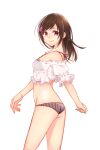  1girl aglio ass bare_shoulders bikini black_bikini black_hair breasts brown_eyes closed_mouth commentary_request cowboy_shot crop_top fatal_frame fatal_frame:_maiden_of_black_water flower frilled_sleeves frills from_side hair_flower hair_ornament halterneck hinasaki_miu long_hair looking_at_viewer looking_to_the_side off-shoulder_shirt off_shoulder pink_flower see-through_clothes see-through_shirt shirt short_sleeves simple_background small_breasts smile solo standing striped_bikini striped_clothes swimsuit swimsuit_cover-up vertical-striped_bikini vertical-striped_clothes white_background white_shirt 