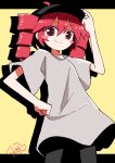  1girl absurdres ahoge baseball_cap black_hat black_pants blush_stickers commentary_request cowboy_shot drill_hair from_below generalcanon grey_shirt hair_between_eyes hand_on_headwear hand_on_own_hip hat highres kasane_teto letterboxed looking_at_viewer looking_down outside_border override_(synthesizer_v) oversized_clothes oversized_shirt pants partial_commentary red_eyes red_hair shirt short_sleeves sideways_glance signature smile solo standing twin_drills utau v-shaped_eyebrows wide_sleeves yellow_background 
