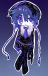  1girl beret black_boots black_hat black_skirt blue_hair boots cable chicken_salad_(8ntasjmpkm90039) commentary full_body gradient_background half-closed_eye hat highres looking_at_viewer melting miniskirt necktie outline purple_eyes purple_necktie short_hair skirt solo untranslatable_commentary utane_uta utau white_outline 