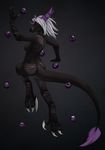  asphyxia black_background black_body breasts claws dinosaur dragon female hair horn limizuki looking_at_viewer nude orb orbs plain_background raptor red_eyes scalie smile solo white_hair 