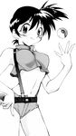  belt blush breasts crop_top crop_top_overhang cutoffs dengeki!_pikachu denim denim_shorts extraction greyscale gym_leader hand_on_hip kamirenjaku_sanpei kasumi_(pokemon) large_breasts midriff monochrome navel ono_toshihiro poke_ball pokemon short_shorts shorts side_ponytail smile solo suspenders transparent_background 