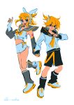  1boy 1girl absurdres black_sailor_collar blonde_hair blue_eyes bow bowtie brother_and_sister commentary consistent_voice9035 english_commentary grey_leg_warmers grey_sailor_collar grey_sleeves headphones highres kagamine_len kagamine_len_(nt) kagamine_rin kagamine_rin_(nt) leg_warmers midriff neckerchief necktie piapro_studio ponytail sailor_collar sailor_jacket short_ponytail shorts siblings simple_background twins vocaloid white_background white_shorts wing-shaped_bow yellow_bow yellow_bowtie yellow_neckerchief yellow_necktie z_hair_ornament 