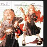  1girl absurdres arknights bag black_bag black_serafuku black_shirt black_skirt chinese_commentary closed_eyes cloud commentary_request full_body haruka_(arknights) highres holding holding_bag lined_paper long_hair long_sleeves looking_at_viewer medium_skirt multiple_views open_mouth orange_hair paper_background pleated_skirt pointy_ears rain school_uniform serafuku shirt skirt spoken_expression standing you_zha_mao_tiao 