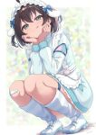  1girl :q absurdres ahoge apron aqua_eyes bandaid bandaid_on_knee bandaid_on_leg blue_jacket blue_socks brown_hair commentary_request curio_(curiofinity) frilled_hairband frills full_body hair_between_eyes hairband hands_on_own_cheeks hands_on_own_face highres hololive jacket jersey_maid looking_at_viewer loose_socks maid natsuiro_matsuri natsuiro_matsuri_(jersey_maid) official_alternate_costume shoes smile socks solo squatting striped_clothes striped_socks thigh_strap tongue tongue_out track_jacket two_side_up unconventional_maid virtual_youtuber waist_apron white_apron white_shoes 