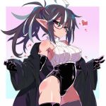 1girl absurdres aqua_background black_coat black_gloves black_hair black_leotard black_thighhighs border breasts coat commentary_request covered_navel covered_nipples elbow_gloves glasses gloves heart highres leotard long_hair looking_at_viewer multicolored_hair original pink_background pointy_ears red_eyes sleeveless sleeveless_sweater solo streaked_hair sweater thighhighs two-tone_background uzuki_tenchan white_border white_hair white_sweater 