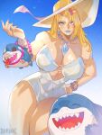  1girl bare_legs biceps blonde_hair bracelet breasts character_doll cleavage commentary doll emma_frost emma_frost_(white_wave_queen) grey_lips hat highres huge_breasts jeff_the_land_shark jewelry marvel marvel_rivals muscular muscular_female o-ring o-ring_one-piece_swimsuit one-piece_swimsuit parted_lips strapless strapless_one-piece_swimsuit sun_hat swimsuit thighs white_one-piece_swimsuit x-men xuuikie_ashe 