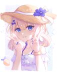  1girl absurdres animal_ears bikini blonde_hair blue_bikini blue_bow blue_eyes blue_flower blue_nails bow dress flower folded_twintails hair_bow hat highres indie_virtual_youtuber smile snowpix solo sun_hat sundress swimsuit v virtual_youtuber white_background white_dress yenko_(vtuber) 