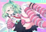  1girl arm_warmers ass bag bandaid bandaid_hair_ornament blush closed_mouth commentary_request earrings fur-trimmed_skirt fur_trim green_eyes green_hair hair_ornament hairclip highres jewelry leg_warmers looking_at_viewer matsumoto_tomoyohi multicolored_leg_warmers multiple_hairclips multiple_thigh_straps musical_note_earrings necktie pink_arm_warmers pink_bag pink_leg_warmers red_necktie shirt skirt solo striped_arm_warmers striped_leg_warmers sunna_(zenless_zone_zero) thigh_strap two-tone_leg_warmers white_shirt white_wings winged_bag wings zenless_zone_zero 
