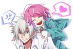  2boys :d ^_^ ahoge amemura_ramuda anger_vein aohitsugi_samatoki aqua_jacket behind_another clenched_teeth closed_eyes collared_shirt commentary cowlick date-mego drop_shadow ear_piercing earrings fingernails floating_clothes gradient_hair hair_between_eyes hands_on_another's_shoulders heart hood hood_down hooded_jacket hunched_over hypnosis_mic jacket jewelry jitome long_sleeves looking_at_another looking_to_the_side male_focus multicolored_hair multiple_boys multiple_piercings neck_ribbon necklace open_mouth parted_bangs partially_unbuttoned piercing pink_hair purple_hair red_eyes red_ribbon ribbon scowl shaded_face shirt short_hair short_hair_with_long_locks sidelocks sideways_glance silver_earrings simple_background sleeves_past_wrists small_sweatdrop smile speech_bubble spoken_anger_vein spoken_heart teeth upper_body upper_teeth_only white_background white_hair white_shirt yaoi 