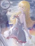  1girl absurdres arrow_(symbol) bakemonogatari blonde_hair blush breasts dress highres long_hair monogatari_(series) multicolored_dress oshino_shinobu outdoors pink_dress pointy_ears road_sign shinobusc2 sign small_breasts smile solo very_long_hair white_dress yellow_eyes 