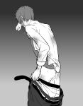  1boy after_rape ass belt clothes_pull commentary_request crying cum cum_on_ass cum_on_body dirty dirty_clothes facing_away greyscale highres letter_eater021 male_focus male_underwear monochrome open_belt original pants pants_pull shirt short_hair solo tears underwear 