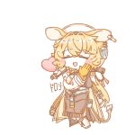  1girl :d animal_ears arknights asymmetrical_gloves black_gloves blonde_hair blush_stickers brown_dress character_name closed_eyes deformed dorothy_(arknights) dress ear_tag ears_down gloves hat long_hair long_sleeves mismatched_gloves mouse_ears mouse_girl mouse_tail open_mouth simple_background smile solo tail very_long_hair white_background white_hat yatagae_(yatuno_llc) yellow_gloves 