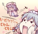  2girls :&lt; blush bow braid chibi crescent embarrassed hair_bow hat hinooka_shuuji izayoi_sakuya long_hair maid_headdress mukyuu multiple_girls open_mouth patchouli_knowledge purple_hair silver_hair solid_circle_eyes touhou translated triangle_mouth twin_braids 