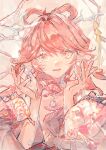  1girl arknights bare_shoulders bow-shaped_hair chinese_clothes chinese_commentary commentary_request coral_hair_ornament feixianji_(hairstyle) hair_between_eyes hair_ornament hair_rings hair_stick hands_up hanfu haruka_(arknights) haruka_(stranded_in_utopia)_(arknights) highres long_hair long_sleeves looking_at_viewer official_alternate_costume onoskylar open_mouth orange_hair shawl smile solo upper_body wide_sleeves 