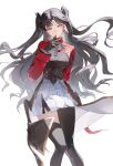  1girl aqua_eyes arm_behind_back asymmetrical_legwear black_gloves black_hair black_pantyhose black_thighhighs breasts closed_mouth commentary cotta_(heleif) earrings fate/stay_night fate/unlimited_blade_works fate_(series) gem gloves hand_up highres honkai:_star_rail honkai_(series) jacket jewelry long_hair long_sleeves looking_at_viewer medium_breasts pantyhose red_gem red_jacket simple_background skirt smile standing thighhighs tohsaka_rin tohsaka_rin_(honkai:_star_rail) uneven_legwear very_long_hair white_background white_skirt 