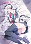  1girl absurdres bed black_jacket black_skirt black_thighhighs black_vest blue_archive blush breasts collared_shirt commentary_request dusu_(htkj) hair_between_eyes hairband halo highres jacket kei_(blue_archive) kei_(student)_(blue_archive) long_hair long_hair_between_eyes long_sleeves looking_at_viewer lying multicolored_jacket necktie no_panties no_pussy on_side open_clothes open_jacket open_mouth pillow pleated_skirt red_eyes shirt sidelocks skirt small_breasts solo sweat thighhighs two-tone_jacket very_long_hair vest white_hair white_jacket white_shirt 
