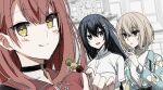  3girls :p blue_eyes brown_eyes brown_hair clock clock_tower closed_mouth commentary_request dango dress food hair_ornament hairclip long_hair multiple_girls open_mouth oumi_shiori red_eyes sanshoku_dango short_hair tongue tongue_out tower upper_body wagashi watashi_wo_tabetai_hitodenashi white_dress wtsino yaotose_hinako yashiro_miko yellow_eyes 