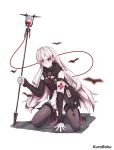  1girl ankle_boots arknights armband bat_(animal) black_boots black_dress black_jacket black_pantyhose black_sleeves blood blood_bag bokumaa boots braid breasts commentary cross cross_hair_ornament crown_braid detached_sleeves dress english_commentary floating_hair full_body hair_between_eyes hair_ornament highres holding holding_iv_stand holding_staff hood hood_down hooded_jacket intravenous_drip iv_stand jacket kneeling long_hair long_sleeves looking_at_viewer pale_skin pantyhose pointy_ears red_eyes sidelocks simple_background sleeveless sleeveless_dress sleeveless_jacket solo staff vampire very_long_hair warfarin_(arknights) white_dress white_hair 