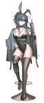  1girl absurdres alternate_costume angelia_(girls'_frontline) animal_ears bar_stool between_breasts black_hair black_leotard black_shoes black_thighhighs breasts brown_eyes cheogtanbyeong cleavage commentary_request commission covered_navel dog_tags facing_viewer fake_animal_ears fingernails girls'_frontline groin hair_over_one_eye hand_on_own_hip highres jacket jacket_on_shoulders jewelry korean_commentary leotard mechanical_arms mechanical_legs medium_breasts middle_finger necklace on_stool playboy_bunny plunging_neckline prosthesis prosthetic_arm prosthetic_leg rabbit_ears shoes simple_background single_mechanical_leg sitting solo spaghetti_strap stool thighhighs thighs twitter_username white_background white_wrist_cuffs wrist_cuffs 