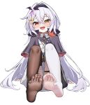  1girl absurdres bandages black_cape black_thighhighs cape character_request clock copyright_request feet fingerless_gloves full_body gloves heterochromia highres long_hair looking_at_viewer no_shoes open_mouth pantyhose red_eyes soles styx thighhighs vampire white_background white_hair white_pantyhose yellow_eyes 